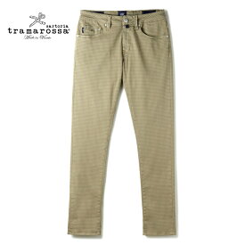 【60%OFF】 tramarossa / トラマロッサ｜千鳥格子柄コットンスーパーストレッチ5ポケットスリムテーパードパンツ(LEONARDO ZIP)｜（ベージュ基調）｜ 秋冬 ボトムス イージーパンツ ジャージーパンツ ハウンドトゥース レオナルドジップ メンズ イタリア アウトレット