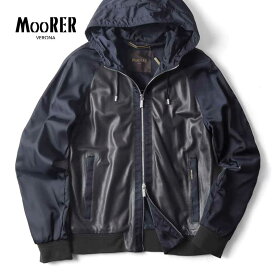 【50%OFF】MOORER / ムーレー｜パンチングレザー×ナイロンフーデッドブルゾン(COSIMO-PEP)｜（DARK BLU）｜ 春夏 レザージャケット レザーブルゾン レザーパーカー メンズ イタリア アウトレット