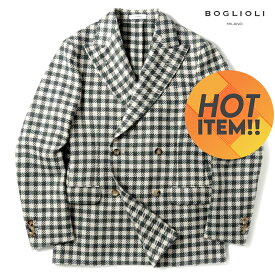 【60%OFF】BOGLIOLI / ボリオリ｜コットンリネンウールサマーツイードチェック柄4Bダブルジャケット(DOVER)｜（グリーン×オフホワイト）｜ 春夏 ドーヴァー ブレザー メンズ イタリア アウトレット