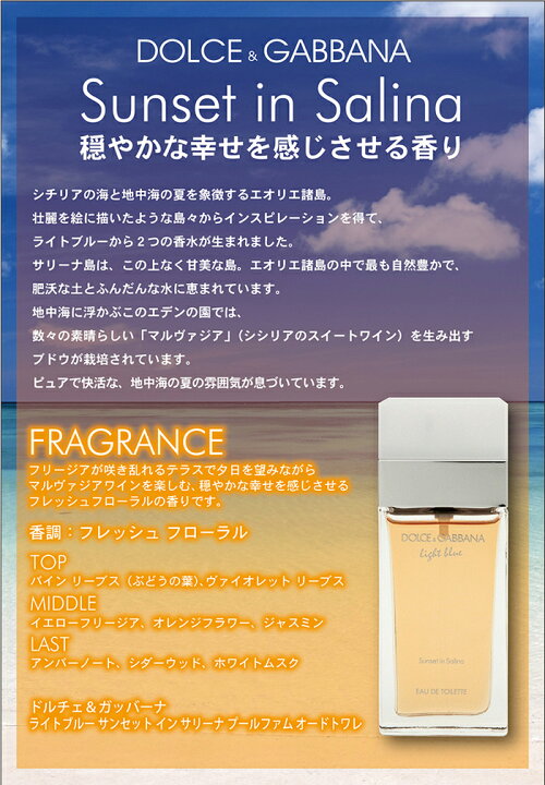 楽天市場 ドルチェ ガッバーナ D G ライトブルー サンセット イン サリーナ Edt Sp 100ml 訳あり テスター 未使用品 香水 メンズ レディース 香水 人気 ブランド お買い得 訳あり 香水フレグランスparfum De Earth