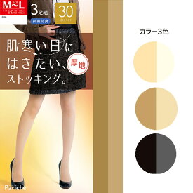 送料無料 3足組 肌寒い日にはきたい少し厚地の サポート ストッキング 30デニール ソフト 透明感 サポートタイプ 抗菌 防臭 レディース 女性用 ベージュ 肌色 ブラック 黒 パンスト M-L L-LL Mサイズ Lサイズ LLサイズ