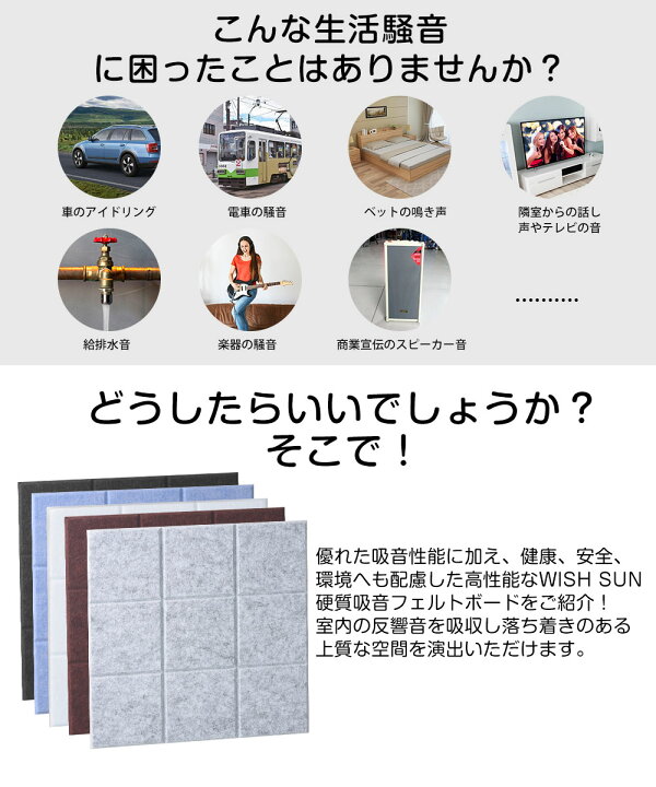 楽天市場 24h限定半額 P5倍 12枚 吸音材 吸音パネル 吸音ボード 高品質素材採用 硬質吸音フェルトボード 難燃 室内装飾 楽器 ピアノ室 防音対策 カラー選択可 両面テープ付き 楽天1位 Wish Sun