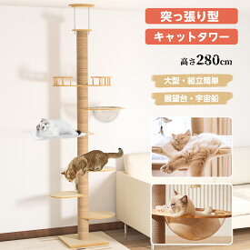 【P2倍+5%OFF】キャットタワー 6段タイプ 突っ張り 猫タワー 運動不足解消 254~280cm 木製 スリム 爪とぎ ハンモック クリアボウル 木登り シンプル 大型猫 中型 おしゃれ 省スベース 宇宙船 多頭飼い 賃貸 安定 天然麻 コットン紐 キャットツリー