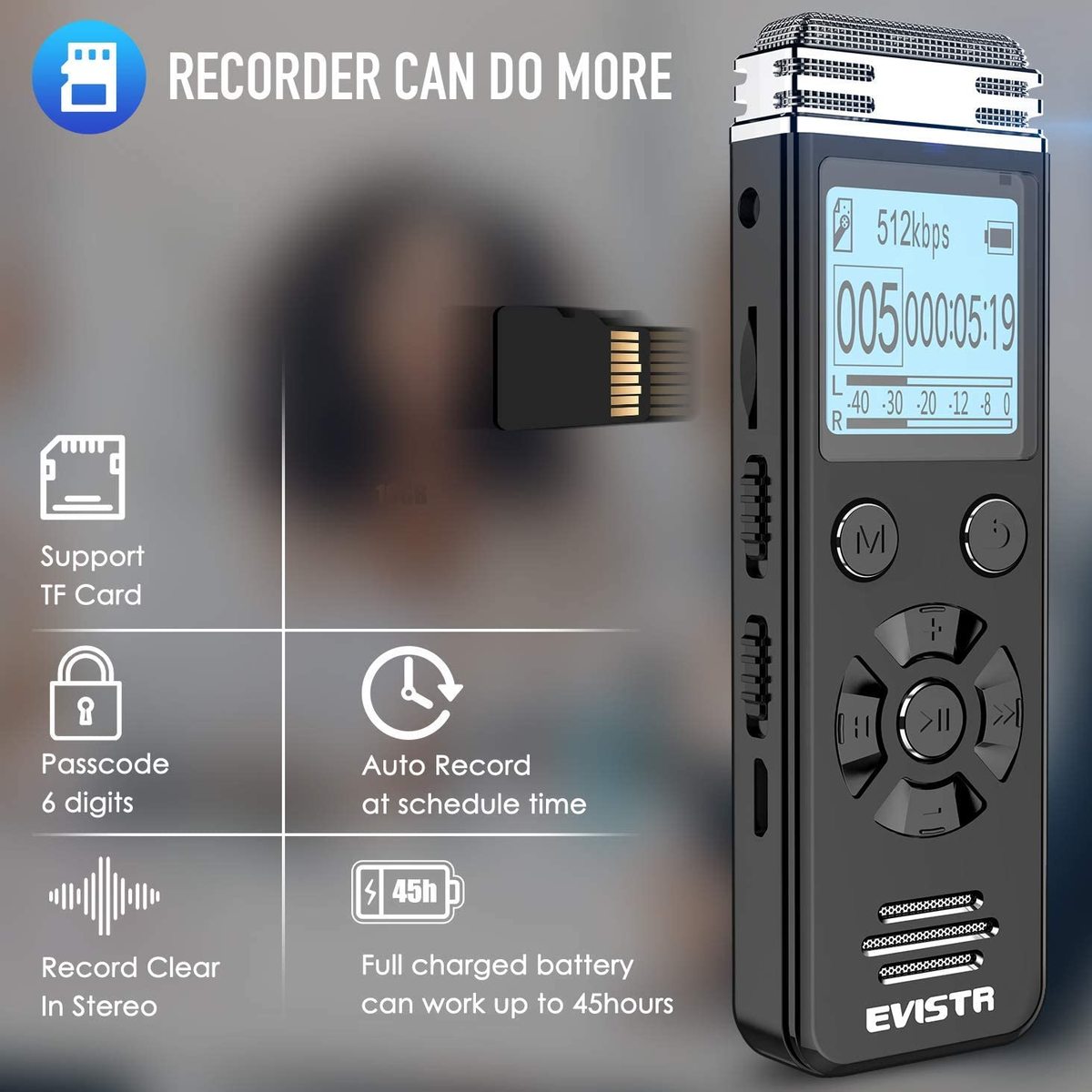 使いやすいボイスレコーダー EVISTR V508 デジタルボイスレコーダー 定番の人気シリーズPOINT(ポイント)入荷 講義会議用 - 再生  並行輸入品 パスワード USB充電式 ライン入力