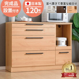 ★20%OFF対象品★〜12/11(木)1:59まで 【送料/設置無料】キッチンカウンター 幅120 ロータイプ 引き出し スライドテーブル付き 完成品 間仕切り モイス付 日本製 組立不要 収納 キッチン収納 レンジ台 カウンターワゴン 食器棚 ソリット 国産 大川家具