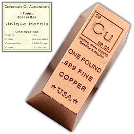 銅の延べ棒 1ポンド インゴット ペーパーウェイト 純度999 化学元素デザイン Unique Metalsの真贋鑑定書付き