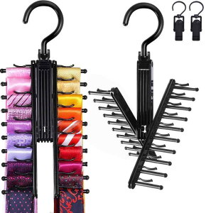 Konten ネクタイハンガー クロス 20本掛け ベルトハンガー ネクタイ収納 ベルト収納 ハンガー 多機能 ブラック 洗濯バサミ2個付き(2本組)