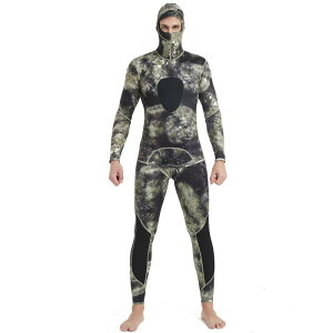 MORGEN SKY ウェットスーツ メンズ 5mm/3mm/1.5mm スピアフィッシング ツーピース 素潜り フード一体式 2ピース 上下セット ロングジョン仕様 カモ柄 表ジャージ*裏ジャージ* 裏起毛 MY012(5mmグリー