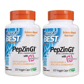 お得な2個セット！Doctor's Best ドクターズベスト ペプジン GI 亜鉛・L-カルノシン　120カプセル入り×2箱　4ヵ月分　　Doctor's Best PepZin GI, Zinc-L-Carnosine Complex, Non-GMO, Vegan, Gluten /Soy Free, Digestive Support, 120 Veggie Caps