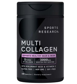 【お得な大容量】スポーツリサーチ社製　5種類のコラーゲン　1サーブあたらオメガ 3000mcg　180カプセル入り Sports Research Multi Collagen Complex OMEGA, 180 Capsules