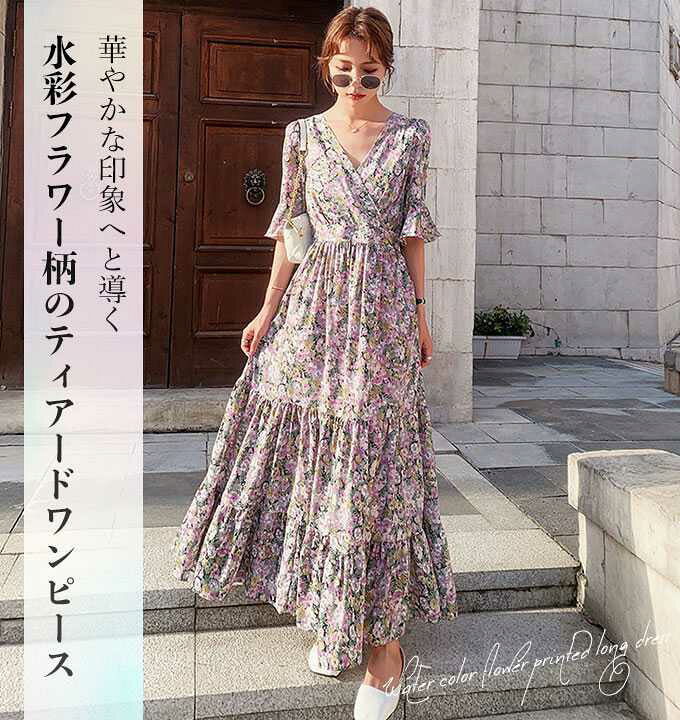 楽天市場】ワンピース 春 きれいめ ロング 花柄 半袖 Vネック 【メール  