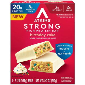 �A�g�L���X �X�g�����O �n�C�v���e�C���o�[ �o�[�X�f�[�P�[�L���� 4�{�� Atkins Strong High Protein Bar, Birthday Cake Flavored, 20g Protein, 4 Count �y�����񂹏��i�z