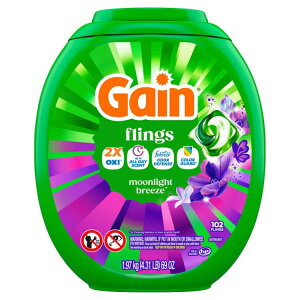 �Q�C�� �t�����O�X �����܃p�b�N 4in1 �I�L�V�u�[�X�g���t�@�u���[�Y ���[�����C�g�u���[�Y�̍��� 102�� Gain Flings Laundry Detergent Pacs, 4-in-1 Oxi Boost and Febreze, Moonlight Breeze, 102 Ct �y�����񂹏�