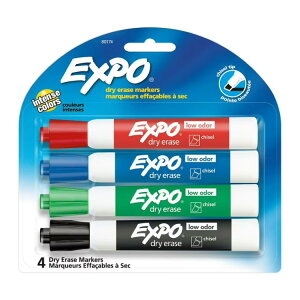 �G�L�X�| ��L�h���C�C���[�X�}�[�J�[ �`�[���`�b�v �A�\�[�g�J���[ 4�{�Z�b�g Expo Low Odor Dry Erase Markers, Chisel Tip, Assorted Colors, 4 Count �y�����񂹏��i�z