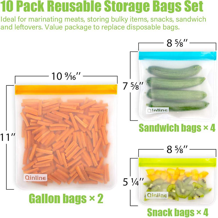 キンライン 食品保存バッグ 10枚セット ガロンバッグ 2枚 サンドイッチバッグ 4枚 スナックバッグ 4枚 Qinline Reusable Food Storage Bags Gallon Bags Sandwich Bags Snack Bags フリーザーバッグ 食品 小物 整理
