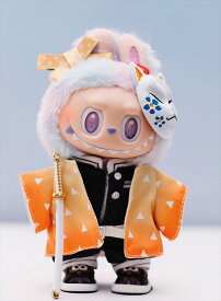 ぬいぐるみ用服 Labubu服 ラブブ服 着物 ぬいぐるみ用 ぬい撮り 和服 コスチューム 衣装 和装 かわいい 小物 鬼退治 鬼殺隊 鬼滅の刃風 日輪刀 コスプレ アニメ きつねのお面 推し活 グリーン オレンジ プレゼント 撮影 ギフト 人気 着せ替え 17cm 7点セット 180lbbw02