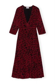 GANNI ガニー RED PRINTED LIGHT GEORGETTE WRAP MIDI DRESS レッド プリント ライト ジョーゼット ラップ ミディ ドレス