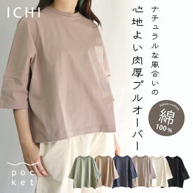 ichi tシャツ レディース カットソー 7分袖 ゆったり 大きめ トレーナー 綿100% コットン プルオーバー 春 秋 冬 ナチュラル 無地 イチ カジュアル シンプル おしゃれ 大人 かわいい 綿 の カットソー リラックス 30代 40代 50代 60代 アイボリー ベージュ ピンク ブラック