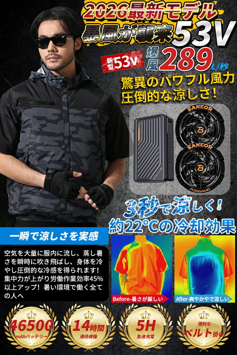 楽天市場】作業服 半袖 【53V超高出力 46500mAh ファン付き作業服 2 