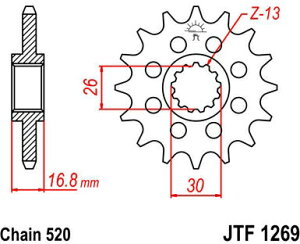 JT �X�v���P�b�gS Front �X�v���P�b�g 16 Teeth Steel �X�^���_�[�h 520 Pitch Type 1269 | JTF1269.16