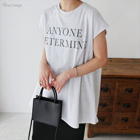 ロゴプリント フレンチスリーブ Tシャツ レディース Aライン チュニック コットン天竺 クルーネック フェミニン カジュアル コットン100％ 体型カバー 抜け感 トップス 女性 きれいめ おしゃれ かわいい 女性 大人ファッション 春 夏 秋 綿100％ M 送料無料 【mail】