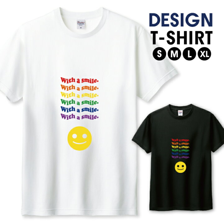 楽天市場 スマイル スマイリー 笑顔 ニコちゃん レインボー 虹色 文字 おしゃれ かわいい デザイン Tシャツ メンズ サイズ S M L Ll Xl 半袖 綿 100 透けない 長持ち プリント コットン ゆったり 白tシャツ 黒 ホワイト ブラック Woodgreen