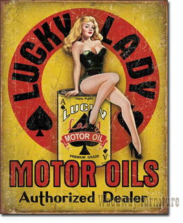 アメリカンブリキ看板★ラッキレディモーターオイル-LUCKYLADYMOTOROIL(ヴィンテージ風)ピンナップガールアドバタイジング広告★
