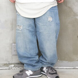 ワイドテーパードデニム メンズ [M便 1/1] ワイドパンツ デニム ワイドデニム テーパードパンツ テーパードデニム 春服 夏服 秋服 冬服 ダメージ デニム ジーンズ ジーパン 大きいサイズ 太い 太め 綿 コットン 水色 ブルー ゆったり セミワイド 体型カバー ぽっちゃ