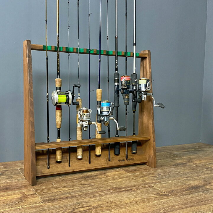 楽天市場 送料無料 ロッドスタンド 片面10本用 色 ライトブラウン 高さ590mm 幅625mm 奥行140mm 釣竿 収納 釣竿立て リール ロッド 海釣り 渓流 フライフィッシング 船釣り Wood Works 楽天市場店