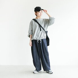 ◇[SMA-PUFHIMOLS]SOLAMONAT(ソラモナ) パフ天竺裾ヒモ長袖プルオーバー Tシャツ カットソー トップス レディース 2way ロンT ドローコード ウッディーハウス クルーネック シンプル カジュアル ナチュラル 白 ホワイト 黒 ブラック グレー 【日本製】