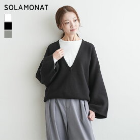 ◇[SMA-KNIT-WD-VPO]SOLAMONAT(ソラモナ) ウエハースニットワイドスリーブVネックプルオーバー トップス セーター ワイド袖 レディース