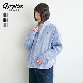 [GY-B0198MGS] Gymphlex(ジムフレックス) ショートボタンダウンシャツ ストライプシャツ チェックシャツ トップス 長袖 ワンポイント 刺繍 レディース