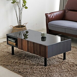 センターテーブル ローテーブル リビングテーブル コーヒーテーブル てーぶる 幅105cm ブラウン 木製 ガラス天板 脚付き 引き出し付き