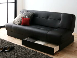 ソファー 3人掛け 三人掛け リクライニング 折り畳み レザー 合皮 革 ブラック 黒 ソファーベッド ソファベッド シングル 引き出し 収納付き カウチ ローソファー 低い 肘なし 広い ワイド 寝