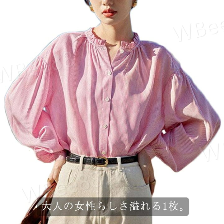 楽天市場】ストライプ柄 バルーンスリーブ シャツブラウス 長袖 