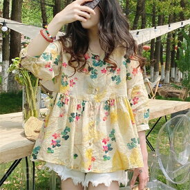 チュニック レディース　ゆったり チュニック Aライン 花柄 プルオーバー チュニック 半袖 夏 春 ブラウス チュニック 大人 カジュアル 春 秋 夏 体型カバー 着痩せ
