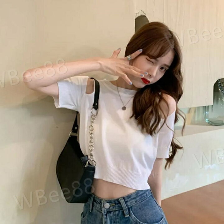 サマーニット 半袖 Tシャツ オフショルダー レディース ダンス 韓国風 可愛い 夏服 カットソー ファッション 肩出し 無地 シンプル おしゃれ カジュアル ダンス衣装 個性的 フリーサイズ 大人 女性 かわいい 薄手 通勤 通学 ショート丈 WBee88