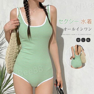 盛れる バスト 小胸 パッド付き 大人 かわいい おしゃれ ボーダー バックシャン オールインワン セクシー レディース 水着