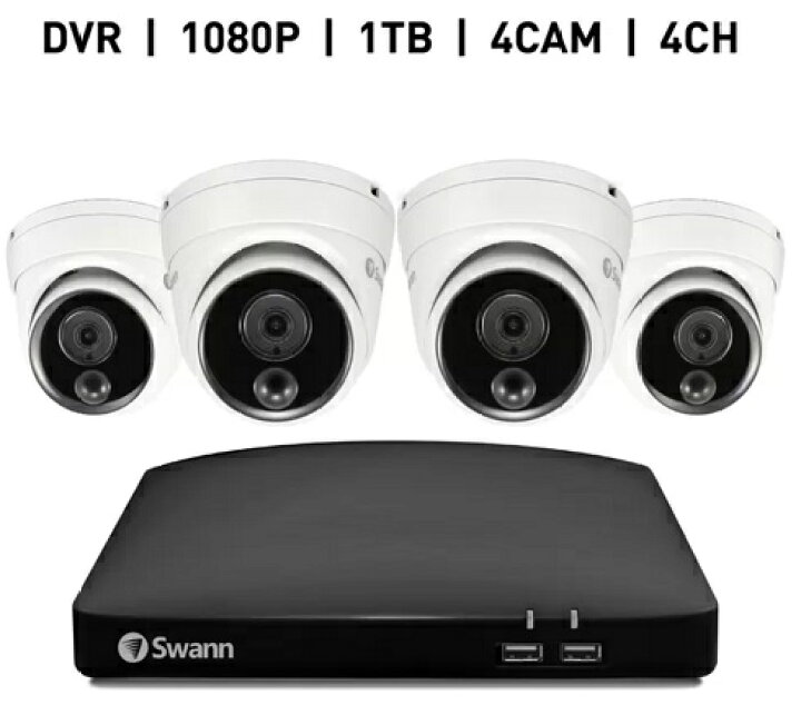 Swann 4CH 1080 DVRシステム 1TB ドーム型 カメラ4台 - 家具