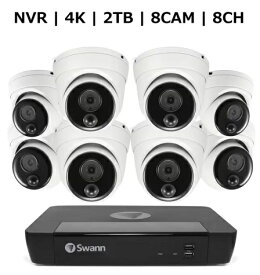 Swann 8CH 4K NVRシステム 2TB 4K 顔認識 ドームカメラ 8台セット 防犯 監視 カメラ 赤外線暗視機能 熱感知 センサー 警告 防水 会社 オフィス 工場 施設 SWNVK-886808D　2TB HDD and 4K Facial Recognition Dome Cameras