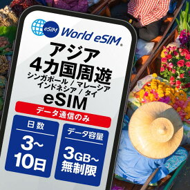 シンガポール マレーシア インドネシア タイ 周遊 eSIM 3GB 5GB 10GB 無制限 ご利用日数 3日 5日 7日 10日 15日 30日 SIM SIMカード プリペイドSIM データ 通信 メールで受取 一時帰国 留学 短期 出張 旅行 視察 観光 ゴルフ 医療