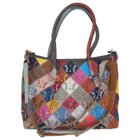 最強翌日配送 エスタシオン ショルダーバッグ レディース 740B ハンドバッグ 本革 斜めがけ 肩掛け ショルダーバッグ カラフル ちょうちょ ファスナー マルチカラー パッチワーク ハンドメイド カバン 鞄 2way 大き目 送料無料 dive