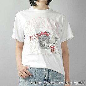 ガニー GANNI レディース Tシャツ WHITE ANIMALS PRINT T SHIRT A1050029 BRIGHT WHITE ホワイト 151 ホワイト アニマル プリント Tシャツ 半袖 カットソー クルーネック ロゴ プリント 【2026春夏新作】