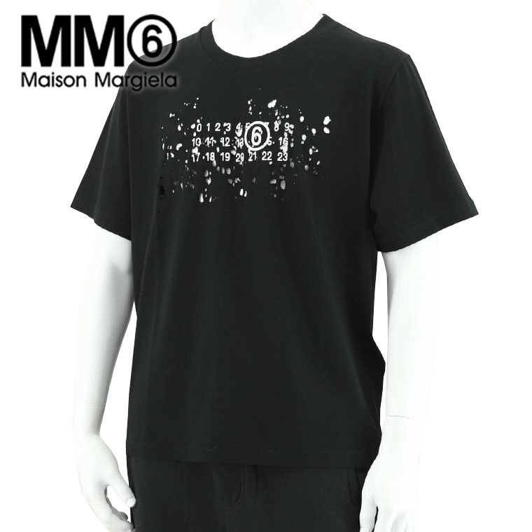 【ポイント15倍】 エムエムシックス メゾンマルジェラ MM6 Maison Margiela メンズ Tシャツ S62GD0156 S23588 ブラック 900 ストレッチ 半袖 カットソー クルーネック ロゴ オーバーサイズ ビッグシルエット ダメージ 【2023春夏新作】