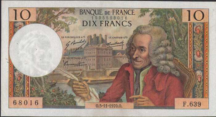 フランス 10 francs 哲学者ヴォルテールとチュイルリー宮殿 1973年 評価 特別セール品 極美++