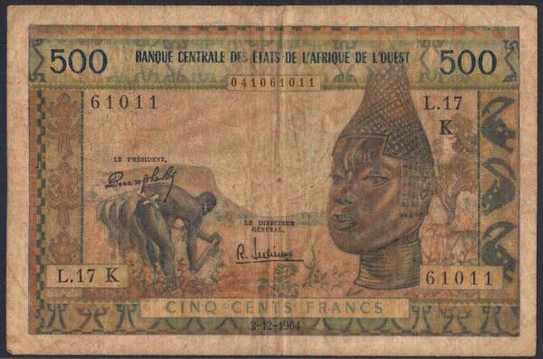 大人気 レア 西アフリカ諸国 500 francs 至上 マスクの彫刻 並品 1964-1965年