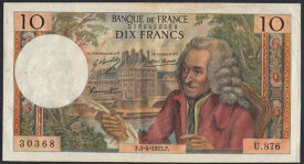 【紙幣】フランス 10 francs 哲学者ヴォルテールとチュイルリー宮殿 1973年 極美