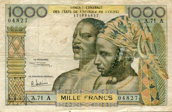 西アフリカ諸国 1000 francs 現地の男女 老人と吊り橋 1971年 type6  美-