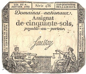 【紙幣】★必見★フランス革命当時の紙幣 50 sols 1792年 Serie 436 美