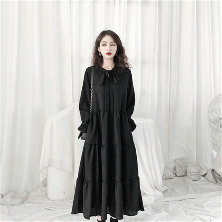 楽天市場 ロングワンピース ティアードワンピース フリルワンピース ボウタイ ワンピース 大人 黒ワンピ 黒ワンピース 体型カバー Aライン カジュアル 春 長袖 薄手 ロング丈 レディース 大きいサイズ 春ファッション 大人可愛い ゆったり S M L Xl 2xl 代 30代